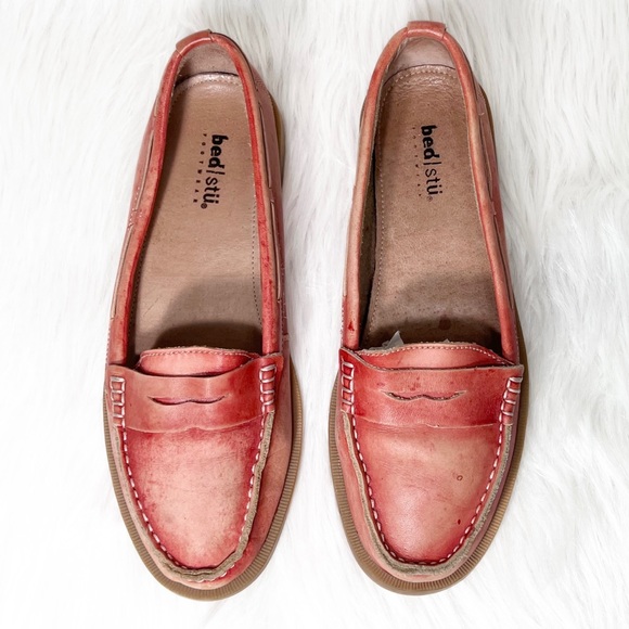 SOLD-Bed Stu Distressed Organic Dyed Ombre Red Boho Leather Slip On Loafers - Picture 5 of 12